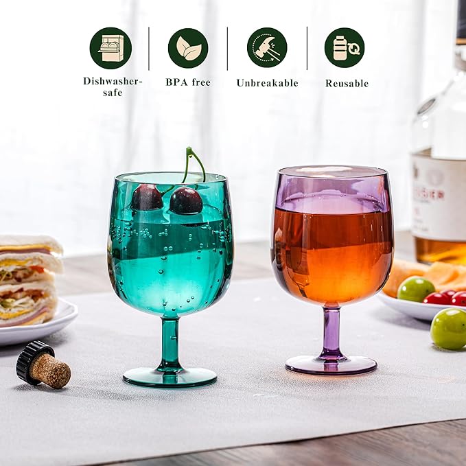 12oz Colorful Stemmed Wines Cups (Set of 6), Shatter-Proof Acrylic Bar Glasses, BPA-Free, Dishwasher-Safe