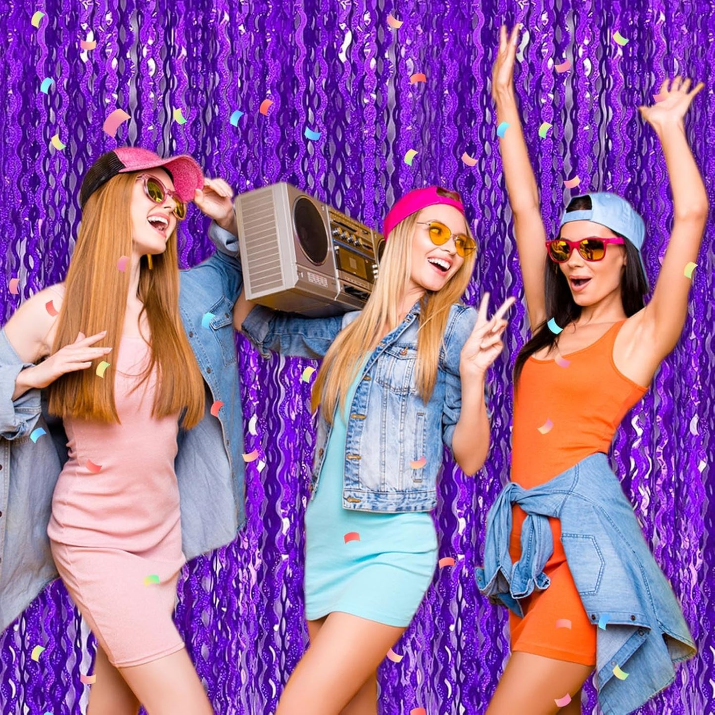 4 Pack Purple Fringe Curtain Backdrop 3.2Ft x 8.2Ft Metallic Tinsel Foil Fringe Streamers Background for Photo Booth, Easter, Mother's Day, Bachelorette, Wedding, Birthday Party Decoration