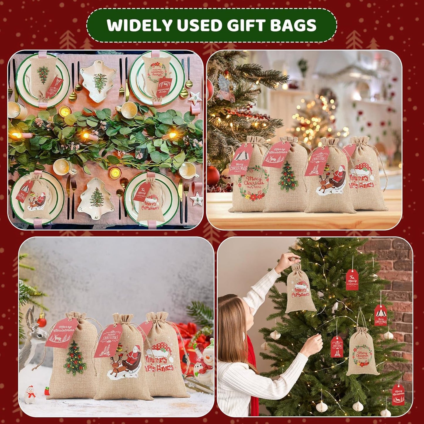 Tapleap Small Christmas Gift Bags, Burlap Coth with Drawstring, 5x8 Inches (Lot of 40) with Tags, String, for Wrapping Holiday Party Favors or Gifts for Coworkers, Kids Class, and Community Members