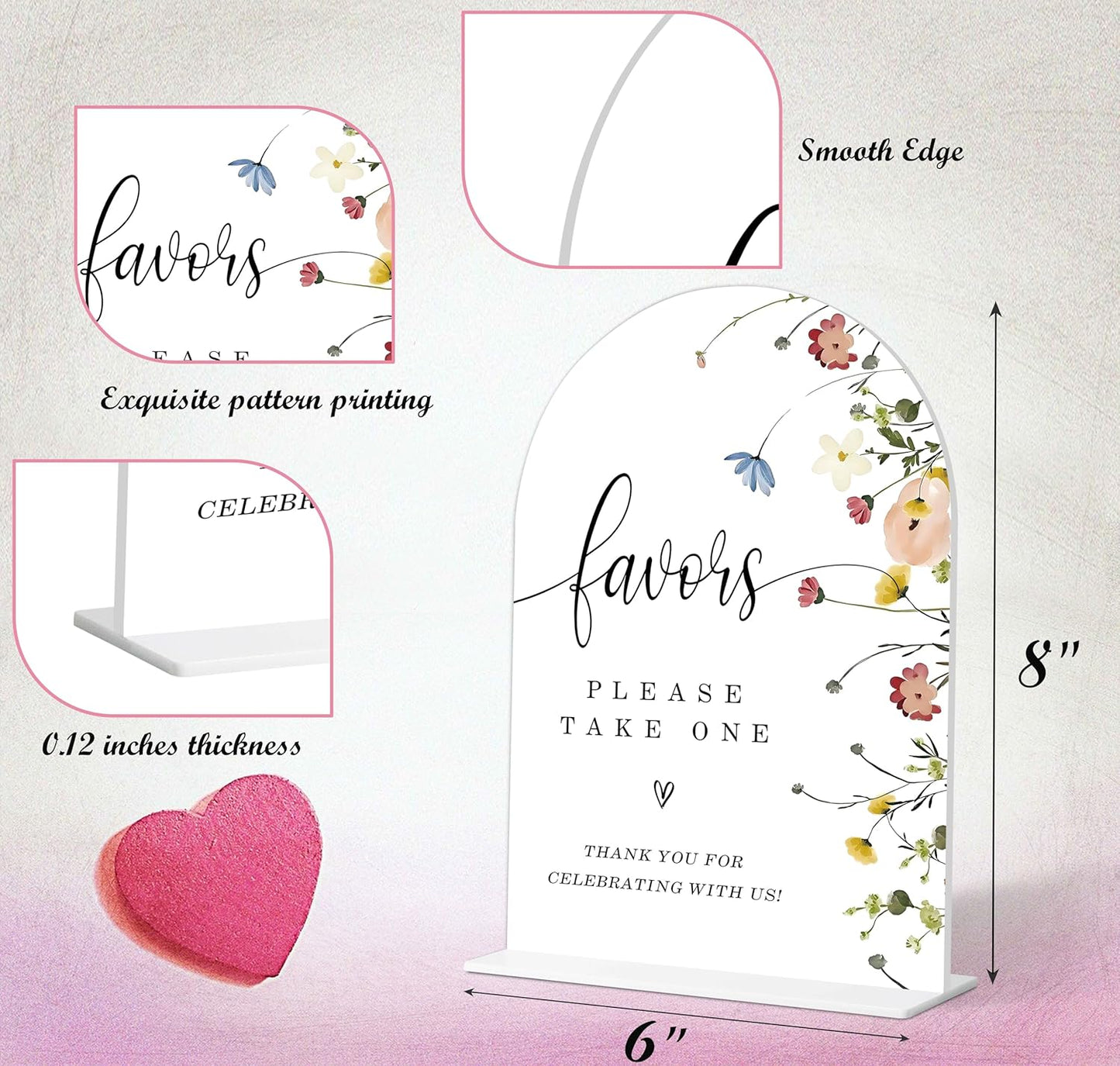 Flower Style Favors Please Take One Sign for Wedding, Bridal Shower and Reception, Dessert Table Decorations, Bridal Shower Decorations, Wedding Shower Favors, 6X8 Inch Acrylic Arch Sign with Stand,35