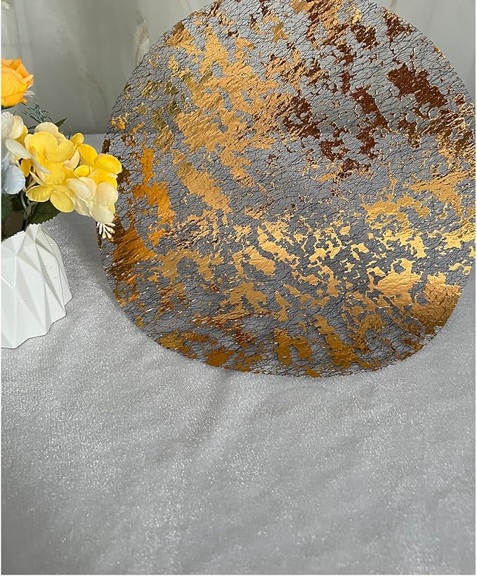 Disposable Black and Gold Placemats Set of 50 Metallic Thin Round 13 Inch Gold Doilies Mesh Pressed Fall Table Placemates 50 Pack Charger Plates for Wedding, Birthday Party