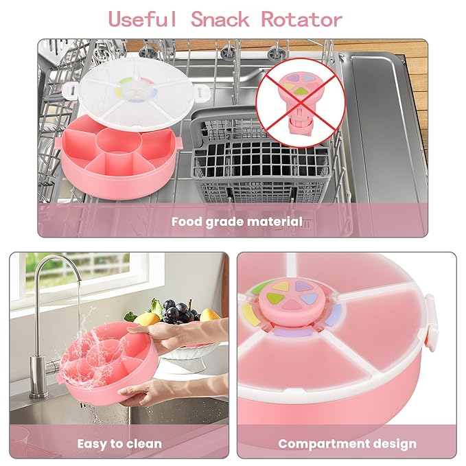 Snack Rotator Container Reusable Snack Box with 5 Compartment Dispenser and Lid, Color Matching Opening Lid, BPA and PVC Free, for Home, School, Travel (2 Pack- Pink)