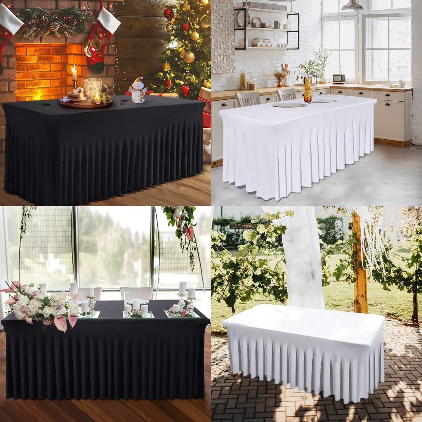 Table Skirt for 4 Foot Tables - 2 Pack One-Piece Black Tablecloths and Skirt, Wrinkle Resistant Ruffles Elastic Cover for Banquets, Weddings, Events, Parties