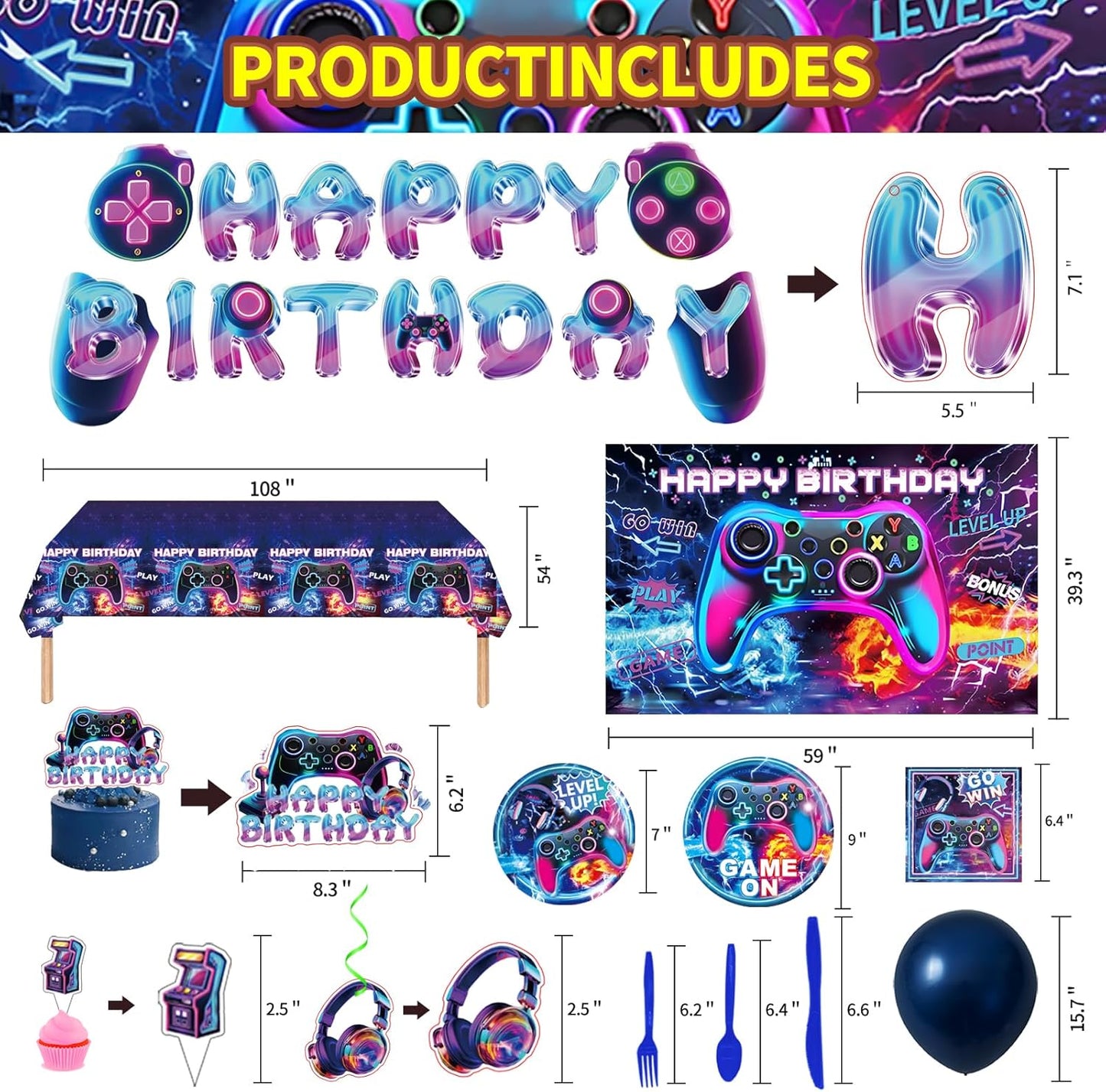 Video Game Birthday Party Supplies, Game Theme Style Party Include Happy Birthday Banner, Backdrop, Tableware Set, Tablecloth, Hanging Swirls, Cake Toppers, Cupcake Toppers, Latex Balloons (Game)