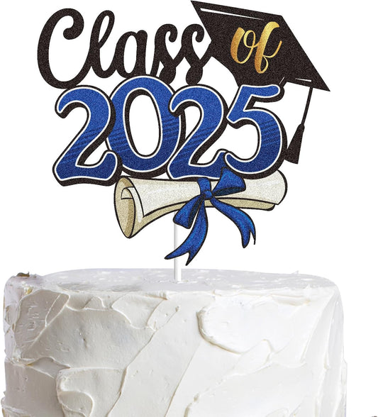 LINGBOOM Class of 2025 Happy Graduation Cake Topper Blue Glitter Grad 2025 Happy Graduation We are So Proud of You Cake Decorations Congrats Grad Party Supplies (Blue)