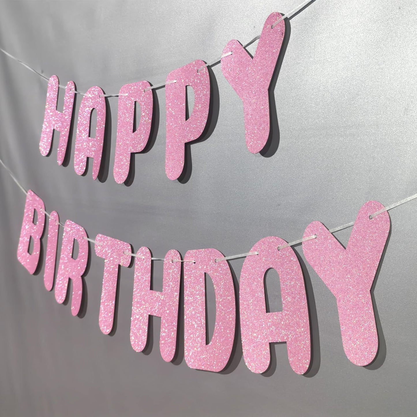 Happy Birthday Banner,with adhesive hooks,pink iridescent letter party banner,Glitter Decor,Kids Baby Adults Birthday Decorations Party Supplies(Pre-Strung)(Pink)