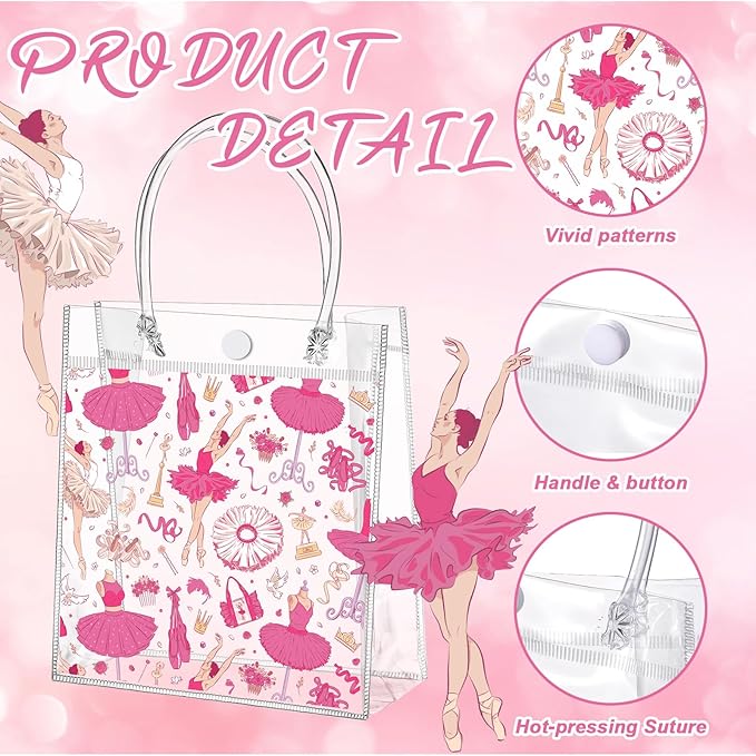 Tioncy 24 Pcs Dance Gift Bags Bulk Dance Bag Ballerina Party Favors Ballerina Party Supplies with Handles Clear PVC Candy Goodie Snack Ballet Birthday Boxes