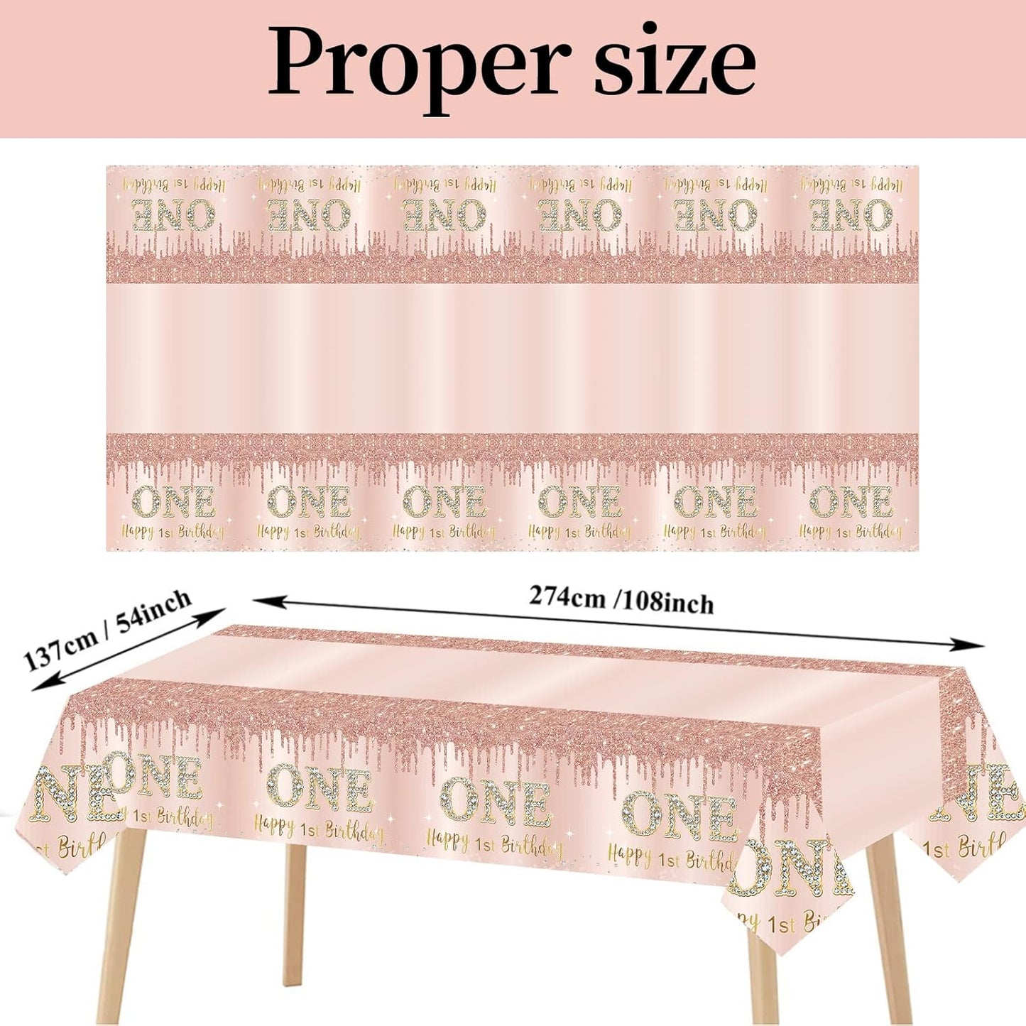 Excelloon 3 Pcs 1st Birthday Tablecloth Decorations for Baby, Pink Rose Gold First Birthday Theme Table Cover Party Supplies, One Year Old Birthday Plastic Disposable Rectangular Table Cloth Decor