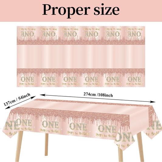 Excelloon 3 Pcs 1st Birthday Tablecloth Decorations for Baby, Pink Rose Gold First Birthday Theme Table Cover Party Supplies, One Year Old Birthday Plastic Disposable Rectangular Table Cloth Decor