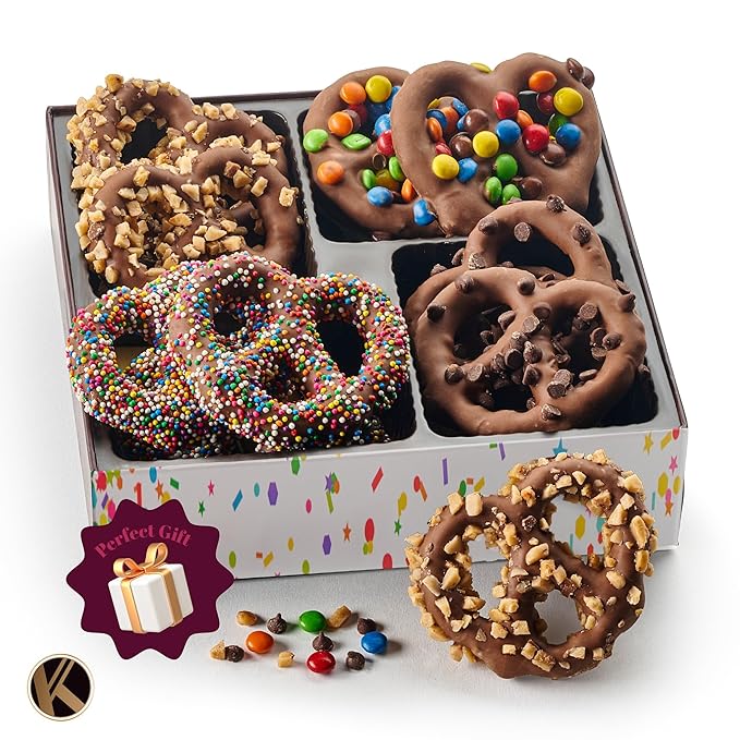 KREMERY Creamy Chocolate Cravings - Halloween Treats For Adults Chocolate Covered Pretzel Twists Gift Basket, in Brown Gift Box (12 Pretzels, Assorted Sweet Toppings) Holiday Xmas Christmas