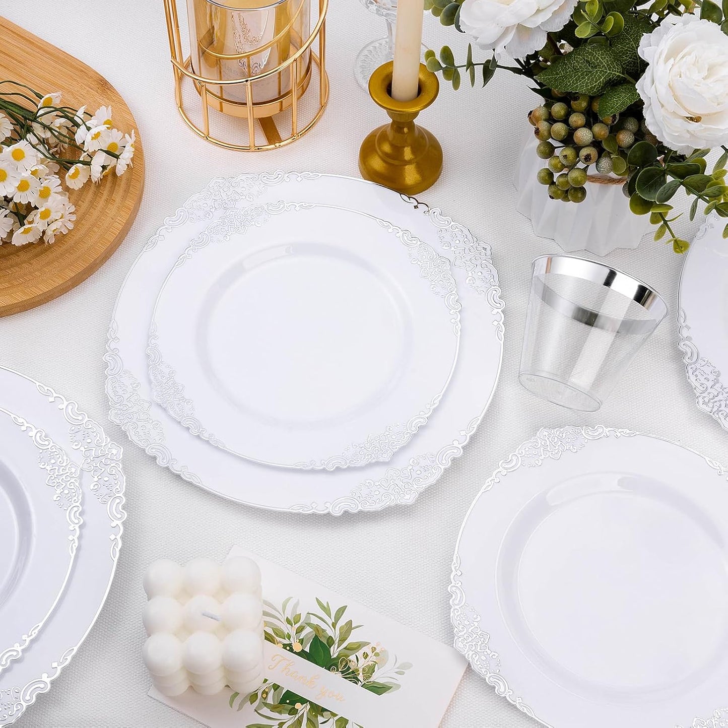 100 PCS White and Silver Disposable Plastic Plates for 50 Guests - 50 Dinner Plates, 50 Dessert Plates for Party, Wedding, and Graduation
