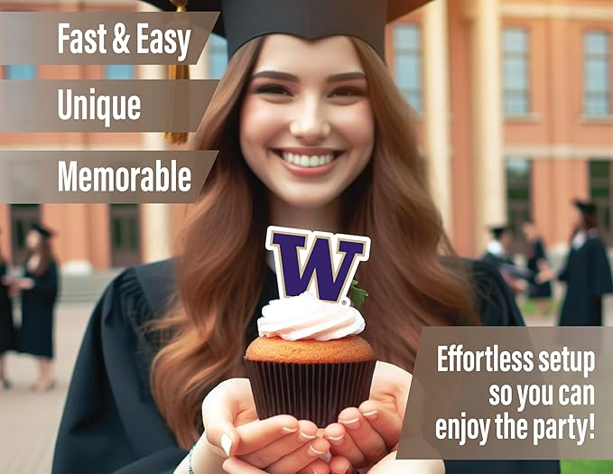 Washington Party Supplies for Football, Birthday Gift, Graduation Party Banner and Cake Toppers (42 Pieces) (Washington Huskies)