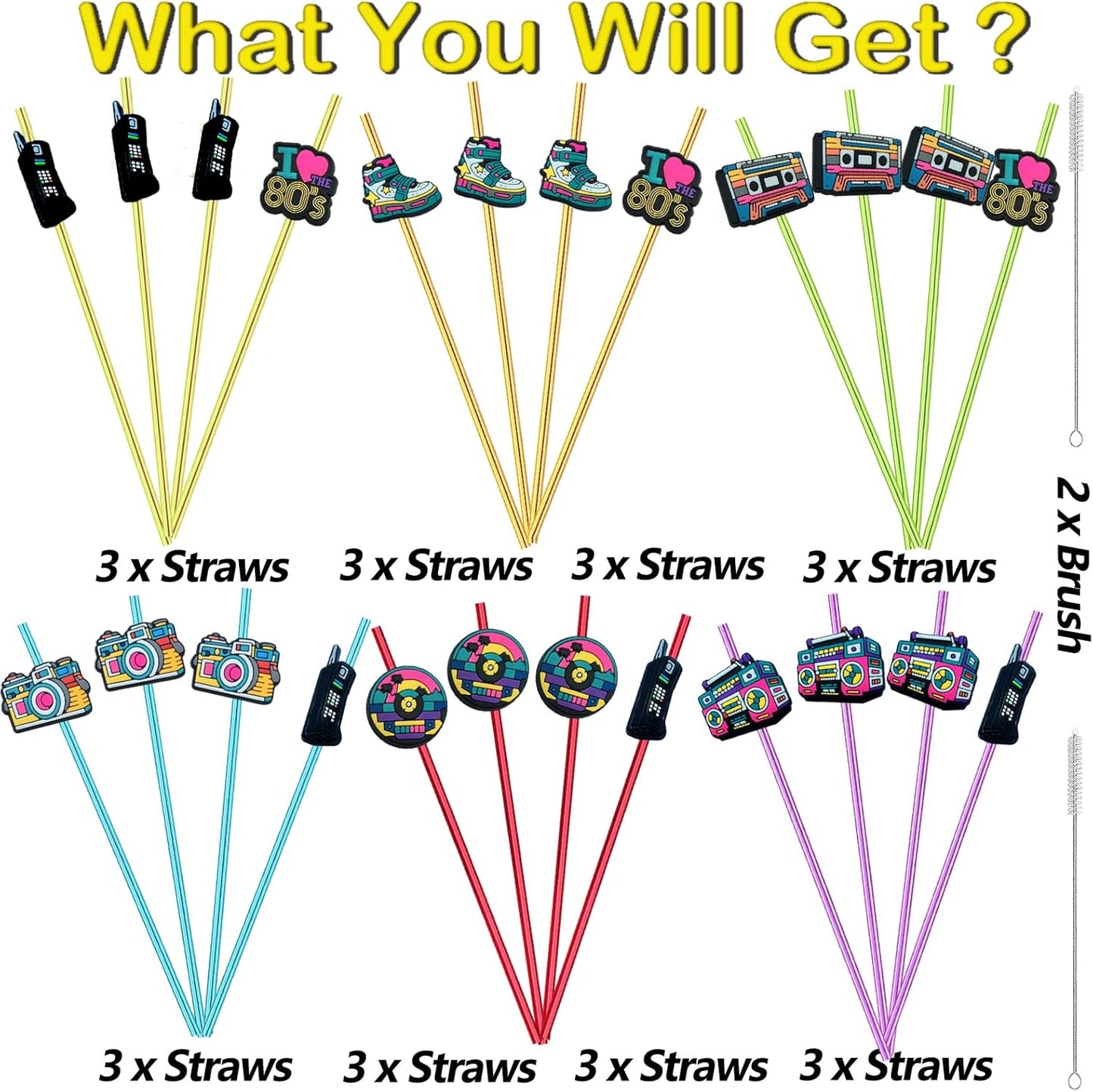 24pcs 80s Party Decorations Retro Straws Hip Hop Themed Music Party Favors Straws 80s Radio Speaker Phone Tape Straw Decorations Party Supplies With 2 Brushes 6 Color straws