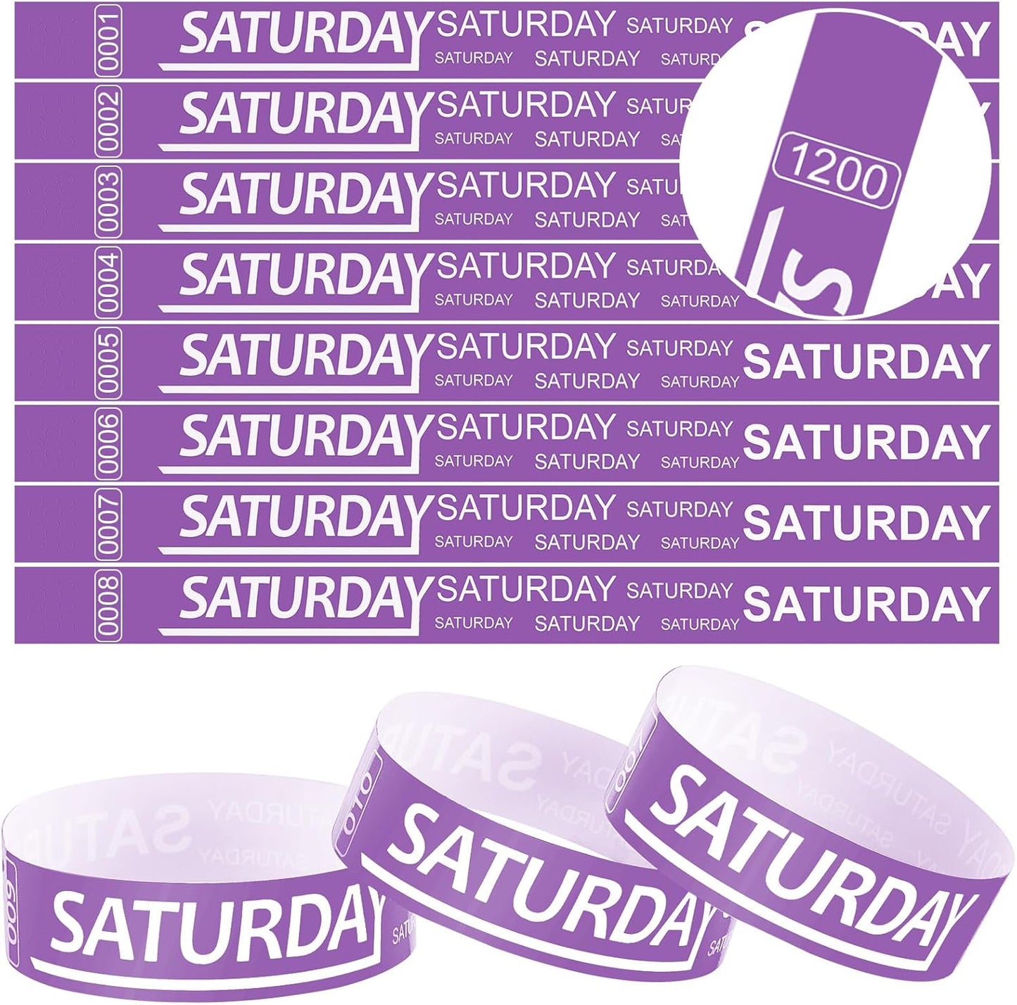 Henoyso 1200 Pcs Paper Wristbands Event Wristbands Numbered Waterproof Wrist Bands for Events Day of The Week Paper Bracelets Wrist Bands for Adult Concert Festival Party(Purple)