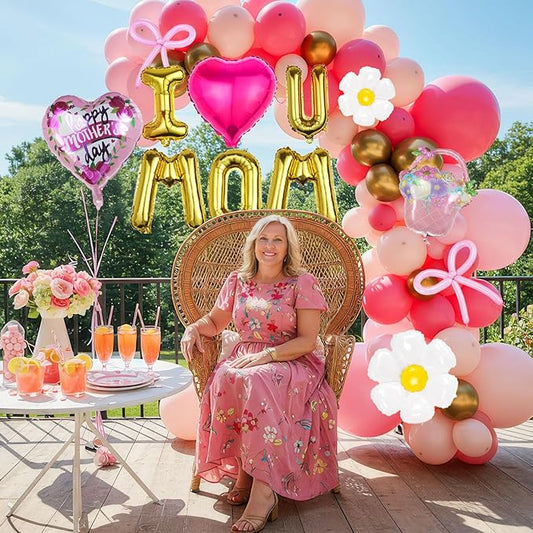 Mothers day Balloon Garland Kit with Pink and Gold Rustic Elegant Party Decorations with Foil Heart Letters Floral Basket Daisy Balloons for Indoor Outdoor Party Supplies