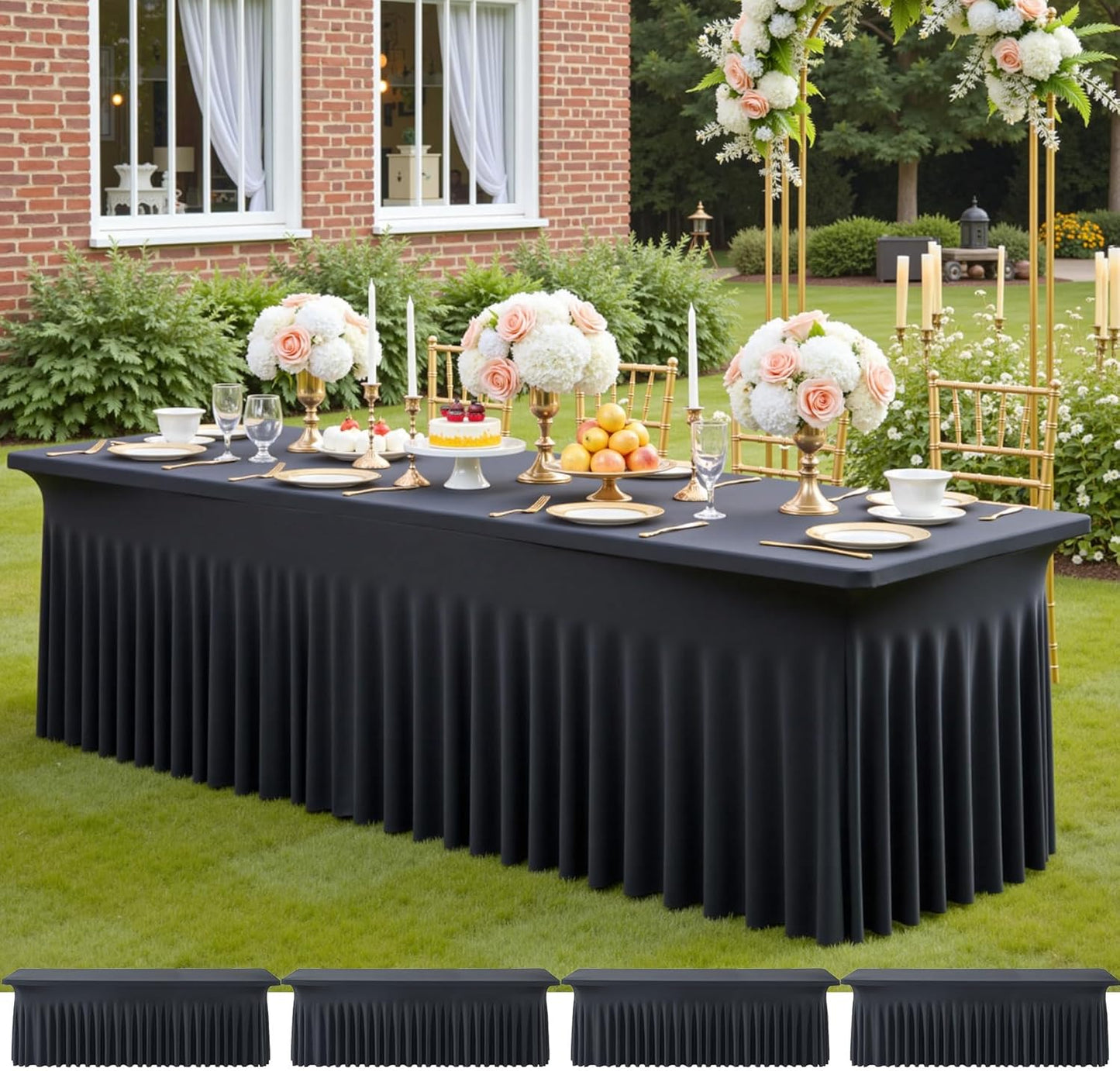 4pack Black Spandex Tablecloths 8ft for Rectangle Tables, Wrinkle Free Classy Table Skirt Stretchy 8 Foot Fitted Table Cloths Covers for Weddings Birthday Party Events Banquette Baby Shower