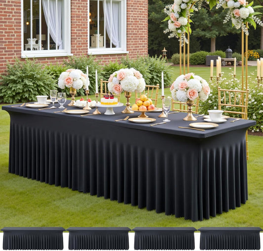 4pack Black Spandex Tablecloths 8ft for Rectangle Tables, Wrinkle Free Classy Table Skirt Stretchy 8 Foot Fitted Table Cloths Covers for Weddings Birthday Party Events Banquette Baby Shower
