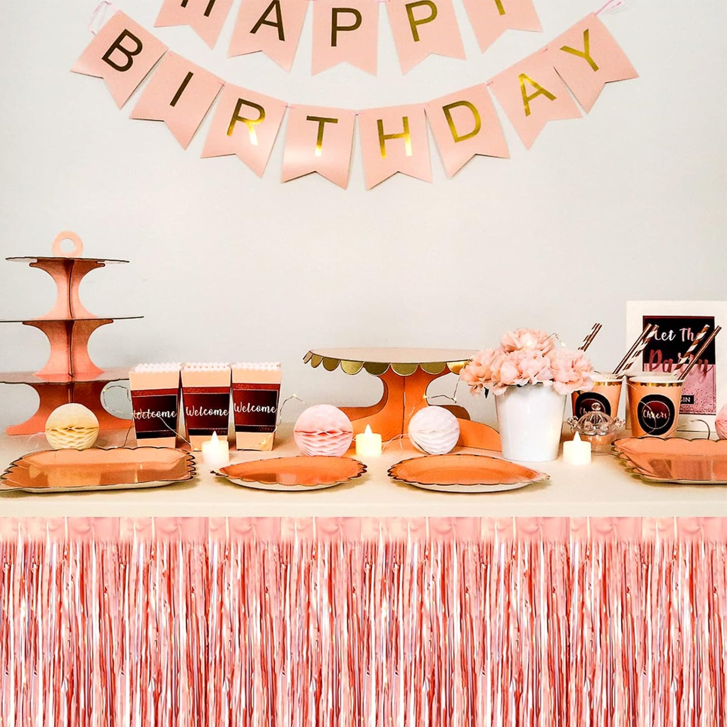 6 Pack 29x108 Inch Rose Gold Metallic Foil Fringe Table Skirts Banner for Tinsel Streamer Garland Curtains Backdrop for Parade Floats Wedding Baby Shower Birthday Christmas Halloween Party Decoration