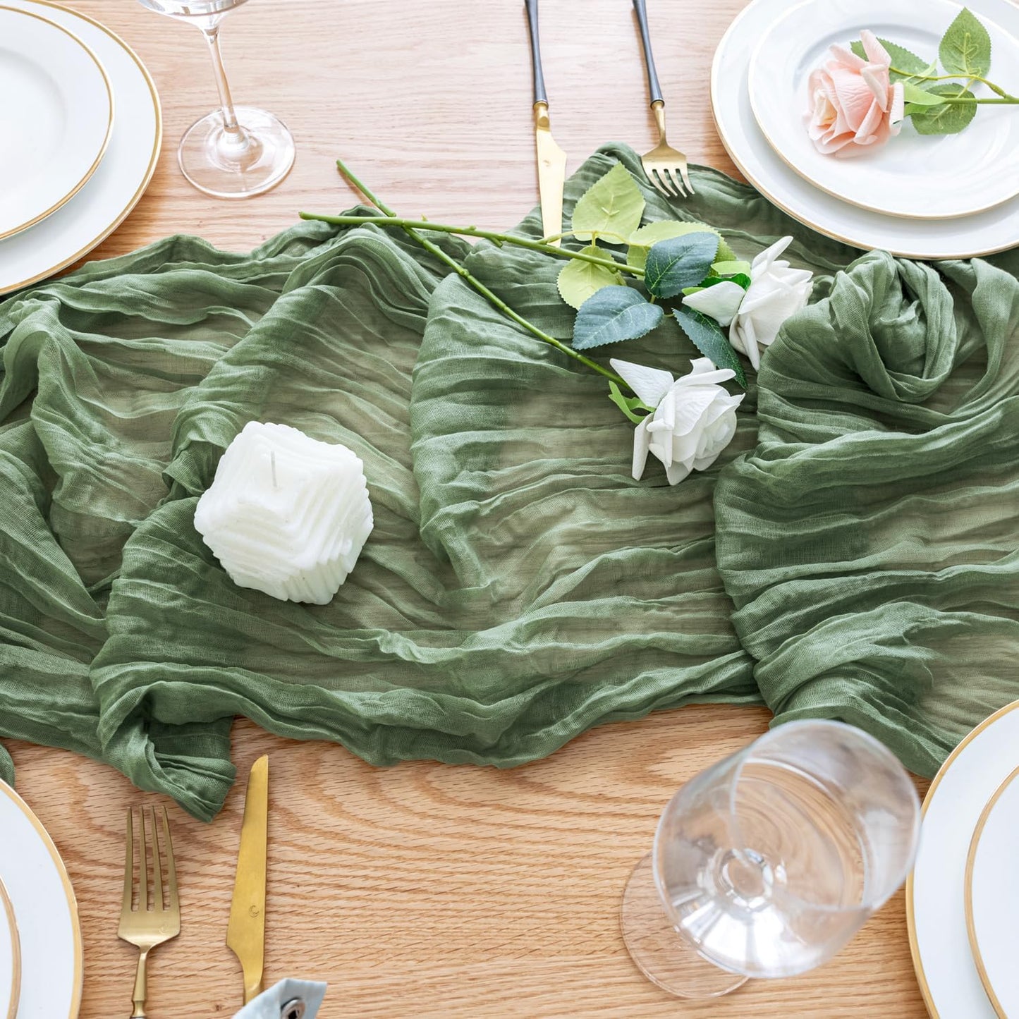 Wokceer Cheesecloth Table Runner 3Pack 10FT Sage Green Christmas Boho Gauze Cheese Cloth Table Runner for Party Long Rustic Sheer Table Runners for Baby Bridal Shower Wedding Easter Table Decor