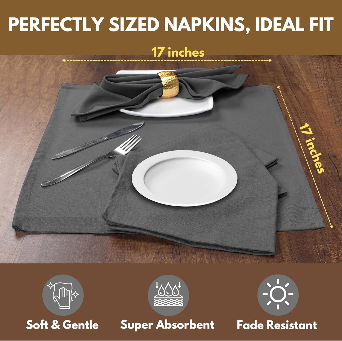 Native Fab Cloth Napkin Set of 12, 100% Cotton, Washable, Reusable Dinner Cloth Napkin 17x17 inches, Table Decor Napkins for Dinner, Events, Gray