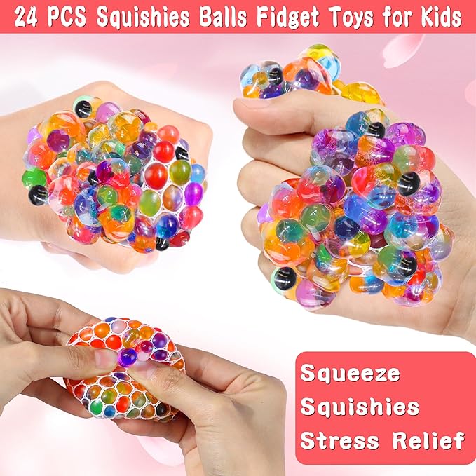 24 Pack Valentines Day Gifts for Kids Classroom Fidget Stress Balls with Valentines Cards Stress Relief Toys Squeeze Ball for Kids Boys Girls School Exchange Cards Gifts Valentines Party Favors Prizes