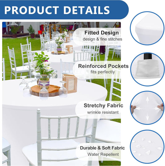 Fitted Table Cloth Round Cover 6ft-Spandex Elastic Table Covers 6 Pack 72 Inch-White Small Stretch Folding Tablecloth for Weddings Banquets Restaurant Event Parties Vendor Stand Tables