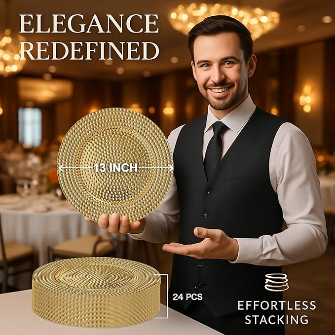 JEVERGN 24 Pack Gold Charger Plates, 13" Hammered Chargers for Dinner Plates, Gold Plate Chargers Set of 24, Round Plastic Charger for Wedding, Party Event, Dinner, Table Setting