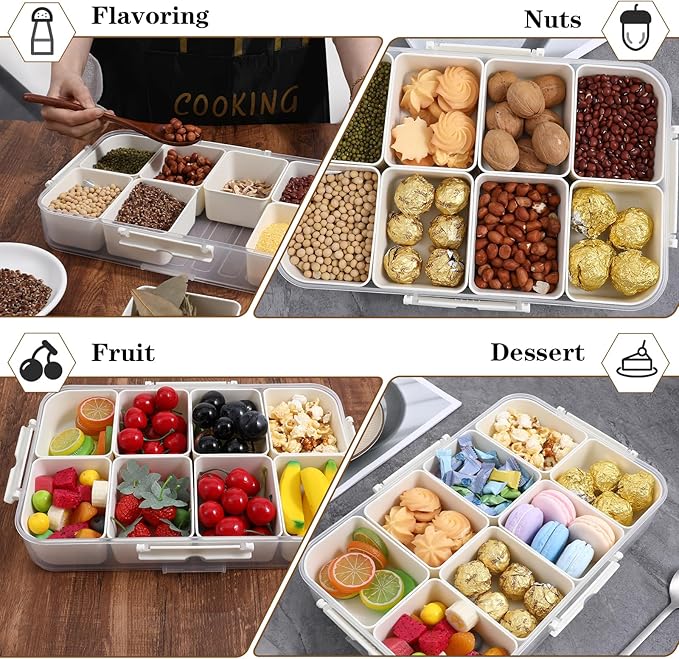 2 Pack Divided Snack Container with Lid & Handle, Dishwasher Safe 8 Compartment Snack Platters, Portable Snackle Box Container for Fruits, Candy, Nuts, Charcuterie, Picnic, Party & Travel