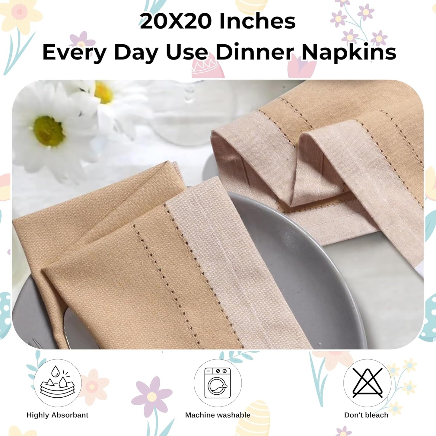 Homidate Cotton Cloth Napkins Set of 12 – 20x20 Beige Multi Double Hemstitched – Machine Washable Dinner Napkins for Weddings, Easter & Special Occasions