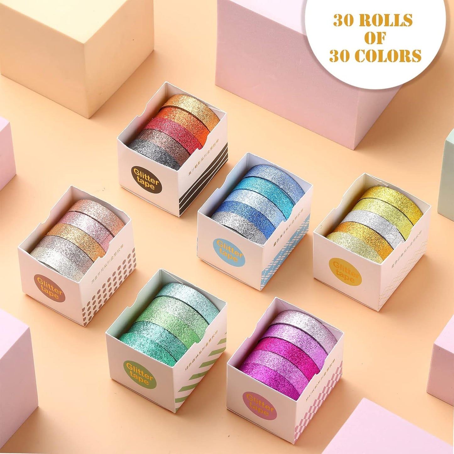 Eaasty 30 Rolls Glitter Washi Tape Colored 66 Yard Rainbow Metallic Tape Decorative Adhesive for Art Scrapbook DIY Craft Projects Gift Wrapping Decor