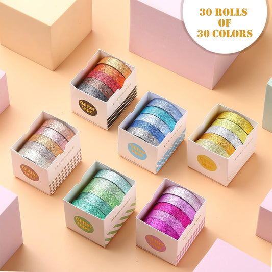 Eaasty 30 Rolls Glitter Washi Tape Colored 66 Yard Rainbow Metallic Tape Decorative Adhesive for Art Scrapbook DIY Craft Projects Gift Wrapping Decor