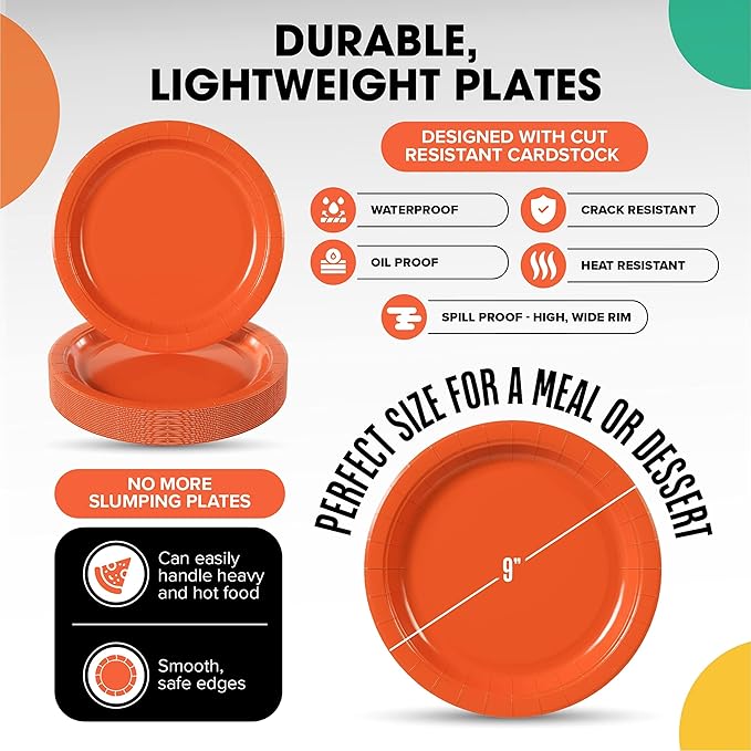 Exquisite Party Solids Orange Paper Plates Disposable Heavy Duty 9 Inch Orange Disposable Plates For Party 100 Pcs Heavy Duty 350 GSM, Birthday Supplies