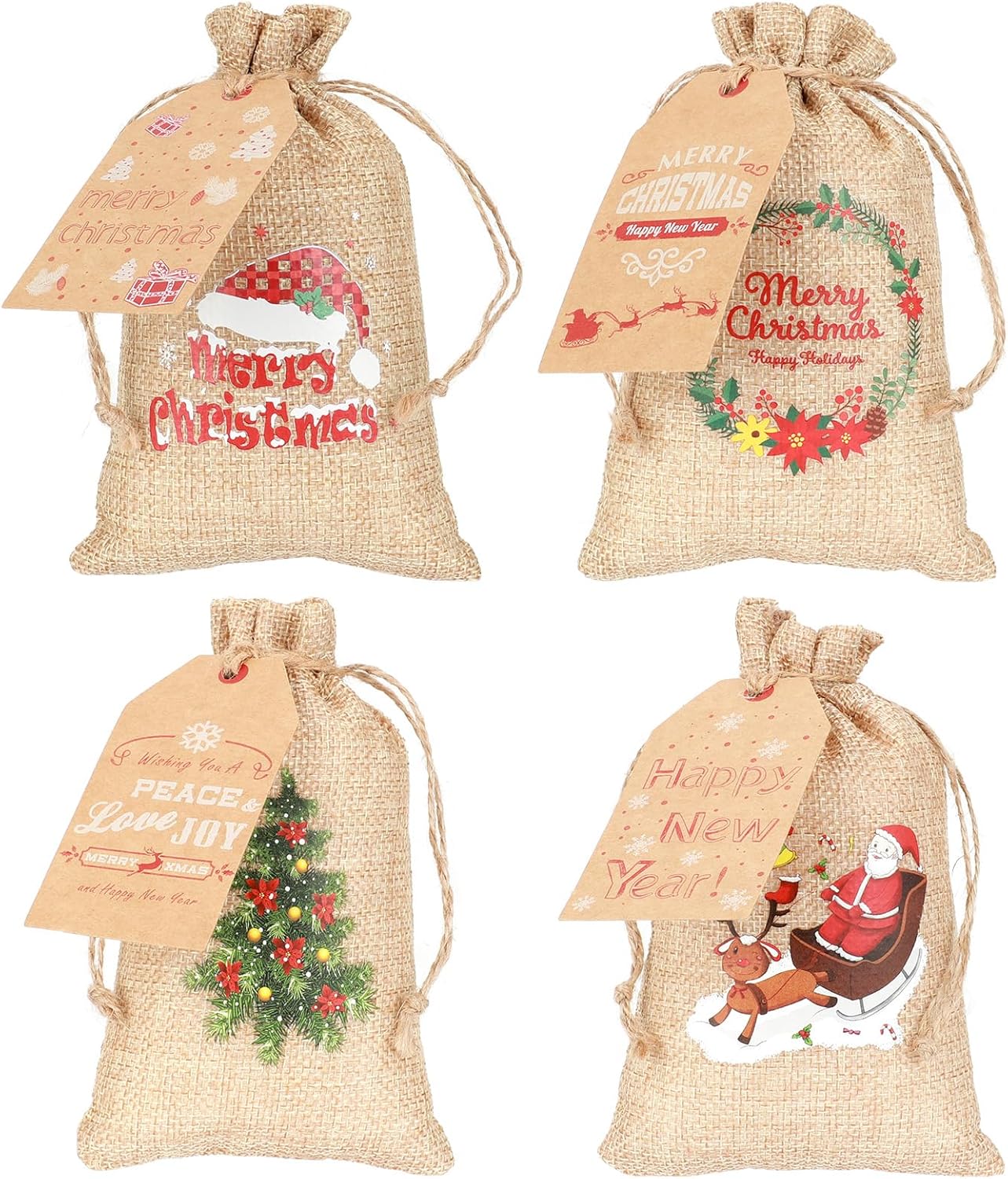 Tapleap Small Burlap Coth Christmas Gift Bags with Drawstring, 4x6 Inches (Lot of 40) with Tags, String, for Wrapping Holiday Party Favors or Gifts for, Kids Class, Coworkers, and Neighbor