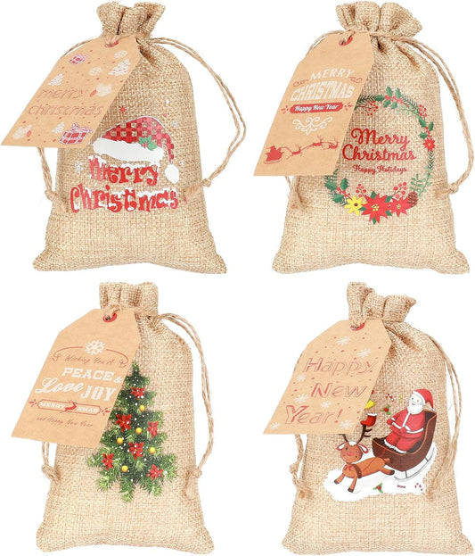 Tapleap Small Burlap Coth Christmas Gift Bags with Drawstring, 4x6 Inches (Lot of 40) with Tags, String, for Wrapping Holiday Party Favors or Gifts for, Kids Class, Coworkers, and Neighbor