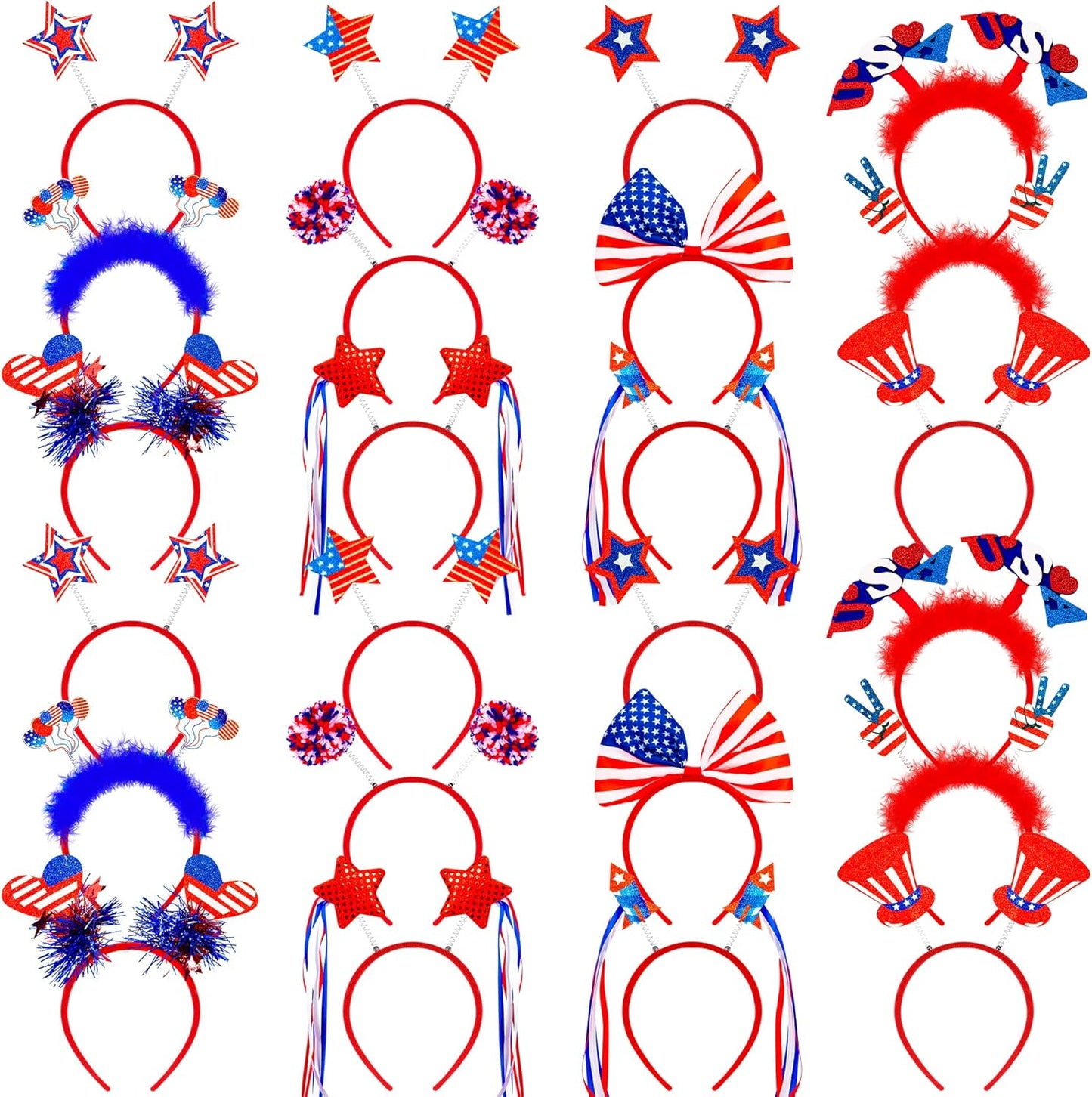 Blowata 12PCS 4th of July Headband, USA Headbands, Patriotic Headbands Head Boppers for Independence Day Parade Celebration