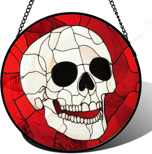 Stained Glass Window Hanging - Halloween Decoration White Skeleton Skull Suncatcher for Door Garden Spooky Red Sun Catchers Gothic Decor Horror Gifts for Women Men Friend Boy Girl 7.8 in