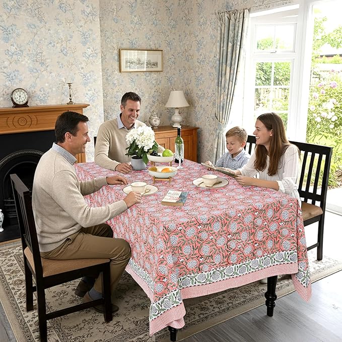 Ridhi -Dark Salmon Cotton Tablecloth, Handblock Print Floral Table Cloth for Kitchen Dining Linen I Thanksgiving, Christmas, Wedding, Fall Décor 4 Seater 60x60 Inches Square