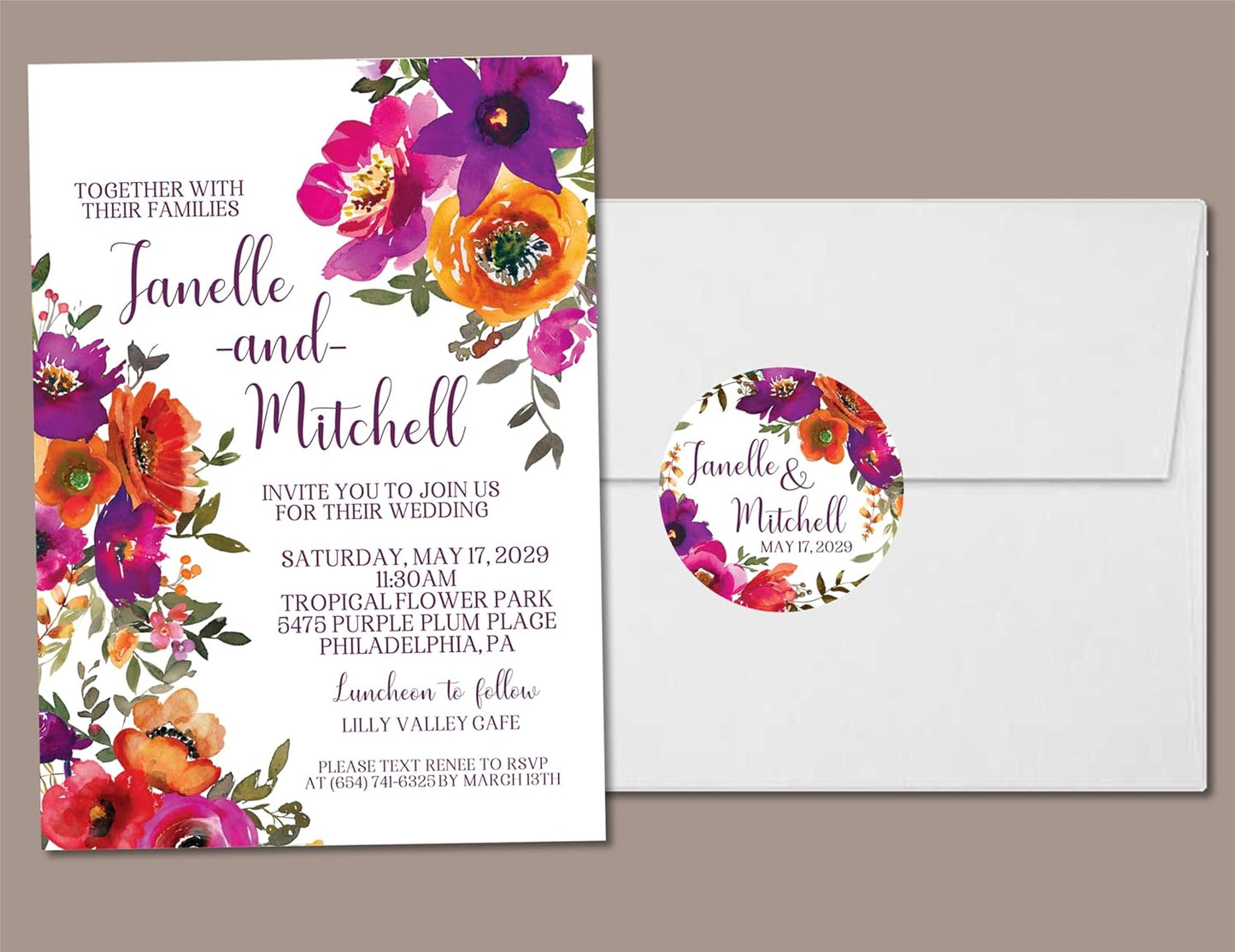 Colorful Wildflower Wedding Invitations, Garden Watercolor Floral, Personalized, Set of 12 Invitations with Envelopes