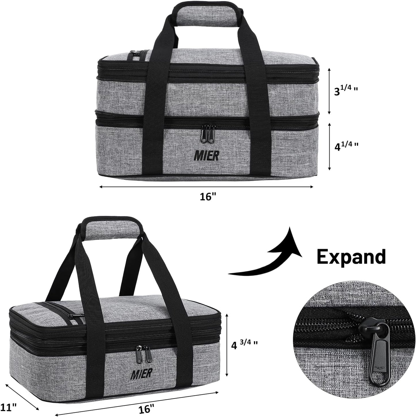 MIER Insulated Double Casserole Carrier Thermal Lunch Tote for Potluck Parties, Picnic, Beach, Fits 9 x 13 Inches Casserole Dish, Expandable by Mid Zipper, Gray