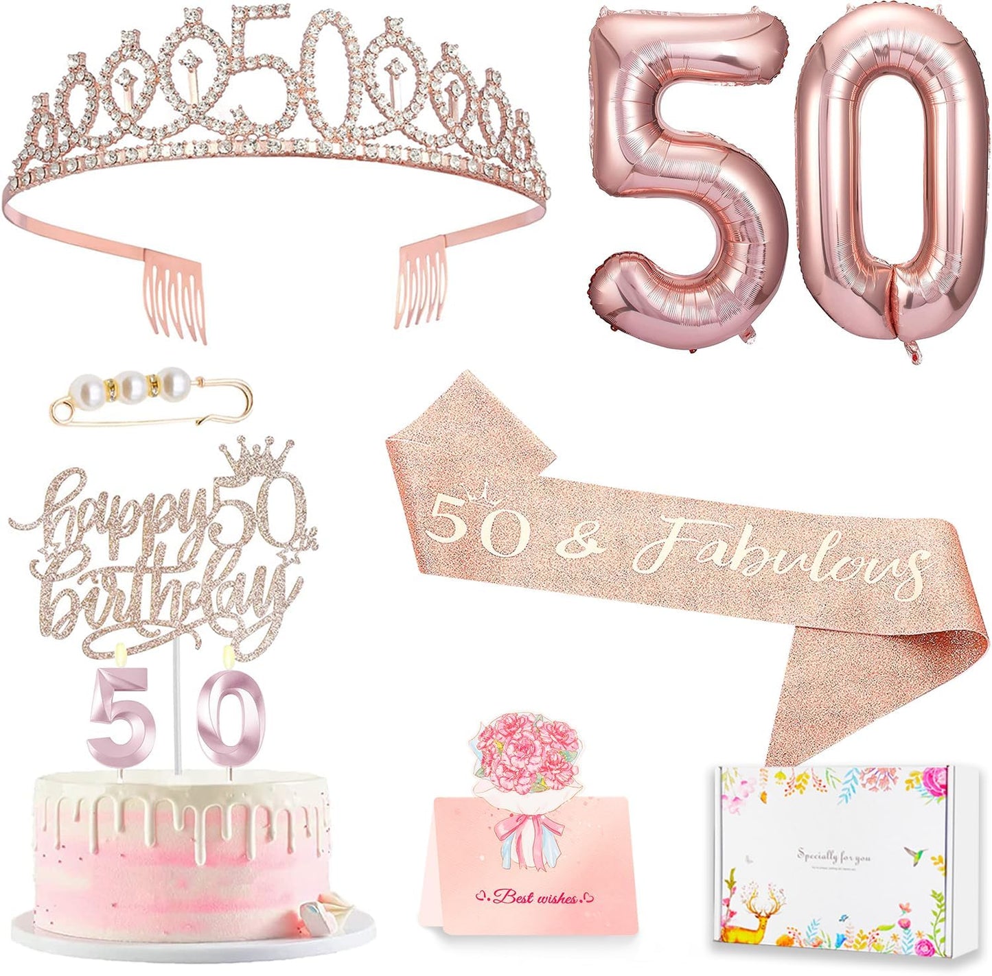 50th Birthday Gifts Decorations for Women, Including 50th Cake Toppers, Birthday Queen Sash with Pearl Pin, Sweet Rhinestone Tiara Crown, Number Candles and Balloons Set, Rose Gold