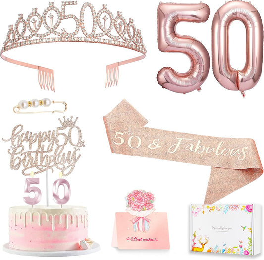 50th Birthday Gifts Decorations for Women, Including 50th Cake Toppers, Birthday Queen Sash with Pearl Pin, Sweet Rhinestone Tiara Crown, Number Candles and Balloons Set, Rose Gold