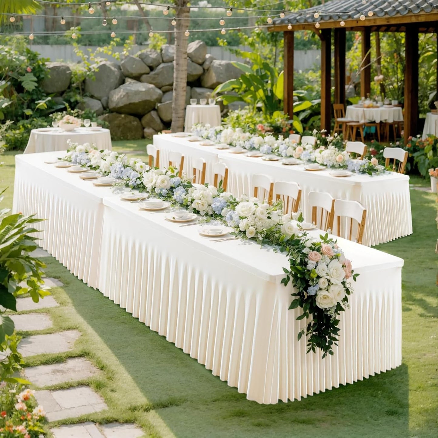 Gogoparti 6 Pack Ivory Spandex Fitted Table Cloth for 8ft Rectangle Tables - Ivory Stretch Tablecloth - Wrinkle Free, Stain Resistant