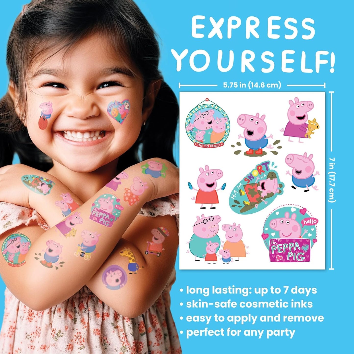 Peppa Pig Temporary Tattoos for Kids HUGE 200 pack. Great for Birthday Parties. Made in the USA with Safe Ink.