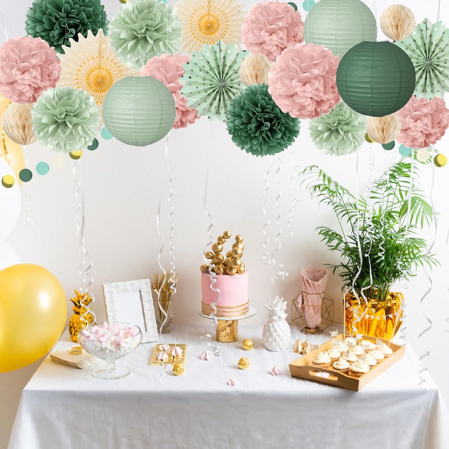 Sage Green and Dusty Rose Party Decorations Sage Green and Dusty Rose Paper Fans Paper Lanterns Pom Poms Flowers for Baby Shower Birthday Wedding Engagement Party