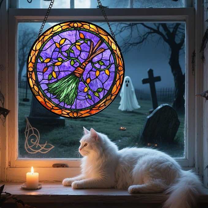 Stained Glass Window Hanging - Halloween Decorations Witch Magic Broom Suncatcher for Doors Garden Spooky Funny Purple Sun Catchers Gothic Decor Horror Gifts for Women Men Friend 7.8 in