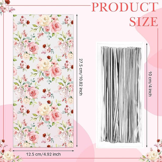Outus 100 Pieces Party Cellophane Treat Bag Floral Candy Bags for Baby Shower Wedding Bridal Shower Supplies Favors Decorations Birthday Theme Floral Graduation Decor (Flowers)