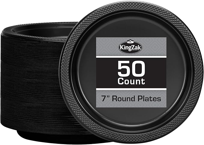 Hanna K. Signature Black Plastic Party Plates – 7-Inch Heavy Duty Disposable Plates, 50 Count, Party Supplies for Appetizers, Cake & Dessert