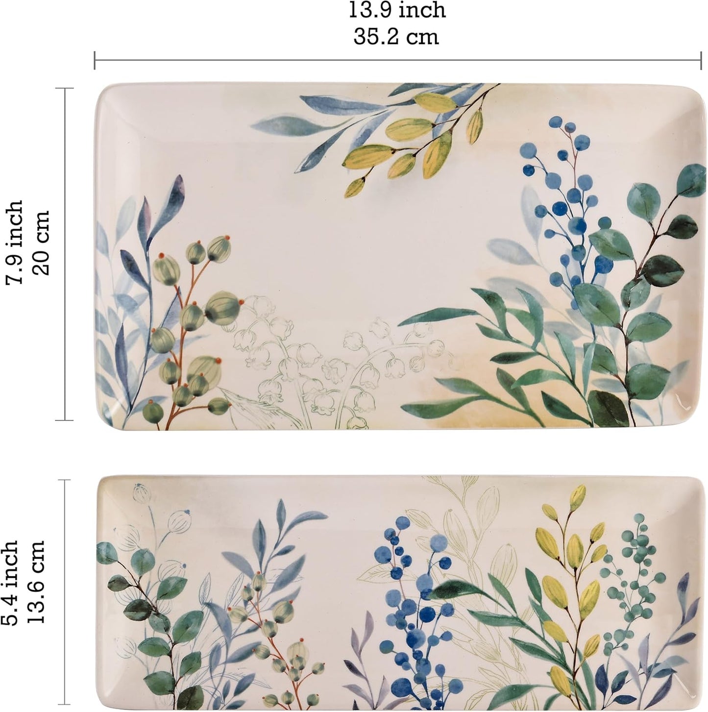 Bico Botanical Valley Ceramic 14 inch Rectangular Serving Platter, Set of 2, for Serving Salad, Pasta, Cheese, Ham, Appetizer, Microwave & Dishwasher Safe