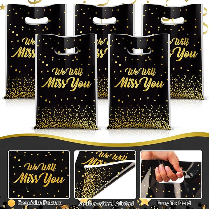 Supervitae 100 Pcs We Will Miss You Graduation Plastic Gift Bags Farewell Going Away Party Favor Bag Bulk with Handles for Birthday Graduation Farewell Snacks Goodie Candy Treat Leaving Party Supplies