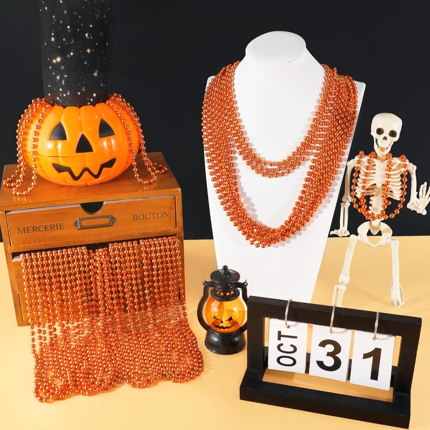 SHAOQINLIN 144 PCS Orange Bead Necklace, Orange Mardi Gras Beads, Halloween Necklaces, 33 Inch Party Beads Necklace Round Beaded Necklace for Mardi Gras, Christmas, Halloween